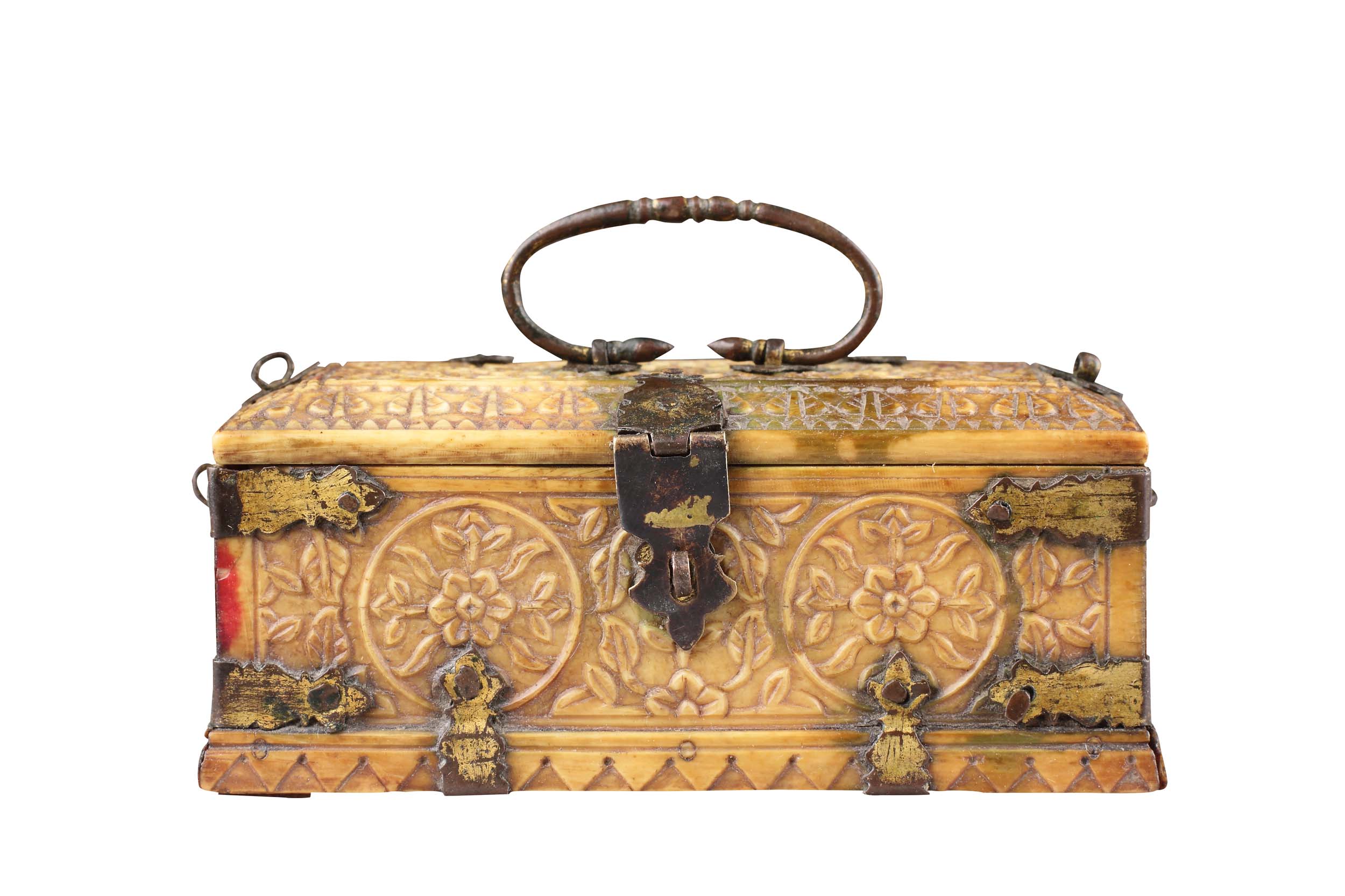 India Mughal Small Carved Ivory Casket with Gilt Metal Mounts